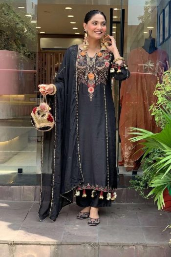 FANCY CHANDERI SILK SEQUENCE CODING EMBROIDERY WORK TOP BOTTOM WITH DUPATTA BLACK