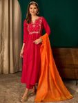 MODERN VISCOSE SILK SEQUENCE CODING EMBROIDERY WORK TOP BOTTOM WITH DUPATTA RANI AND ORANGE