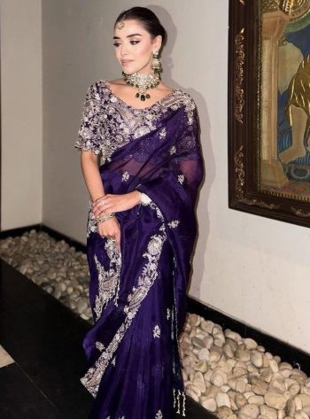 MORDERN RANGOLI SILK EMBROIDERED WORK  SAREE WITH UNSTITCHED BLOUSE PURPLE