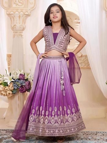 MOST PICKED CHINON SILK DIGITAL PRINT & SEQUENCE EMBROIDERY WORK KID'S LEHENGA CHOLI WITH DUPATTA PURPLE