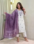 MOST PICKED KHADI COTTON  EMBROIDERY WORK TOP BOTTOM WITH DUPATTA WHITE AND PURPLE