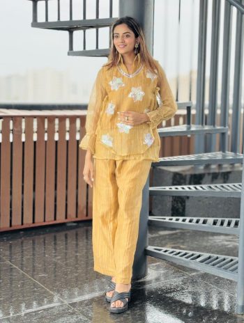 MOST PICKED SALSA EMBROIDERY TWINS SEQUENCE AND THREAD WORK CO-ORD SET YELLOW