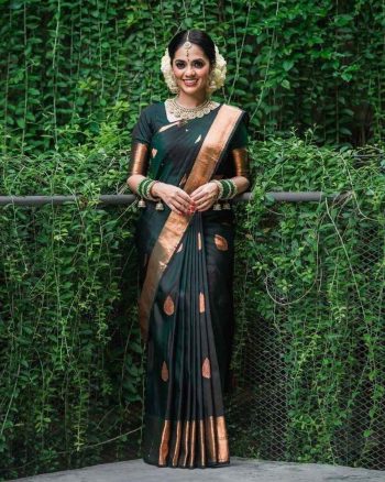 NEW ARRIVAL BANARASI SOFT LICHI SILK JACQUARD WORK  SAREE WITH UNSTITCHED BLOUSE GREEN