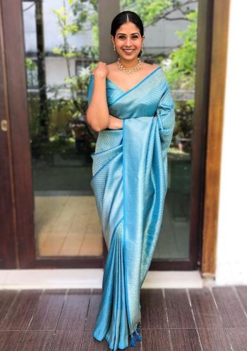 NEW ARRIVAL BANARASI SOFT LICHI SILK JACQUARD WORK  SAREE WITH UNSTITCHED BLOUSE RAMA