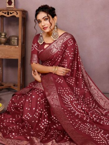 NEW ARRIVAL BANDHEJ SILK BANDHANI PRINT WORK FESTIVE WEAR  SAREE WITH UNSTITCHED BLOUSE MAROON