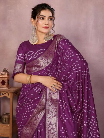 NEW ARRIVAL BANDHEJ SILK BANDHANI PRINT WORK FESTIVE WEAR  SAREE WITH UNSTITCHED BLOUSE WINE