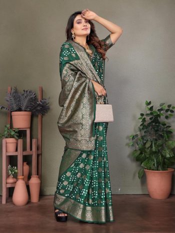 NEW ARRIVAL BANDHEJ SILK BANDHANI PRINT WORK FESTIVE WEAR  SAREE WITH UNSTITCHED BLOUSE GREEN