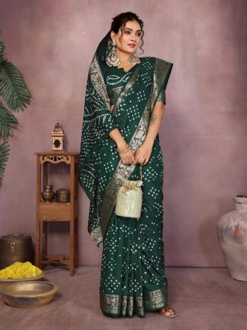 NEW ARRIVAL BANDHEJ SILK BANDHANI PRINT WORK FESTIVE WEAR  SAREE WITH UNSTITCHED BLOUSE GREEN
