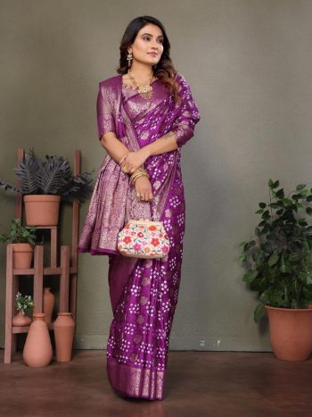 NEW ARRIVAL BANDHEJ SILK BANDHANI PRINT WORK FESTIVE WEAR  SAREE WITH UNSTITCHED BLOUSE WINE