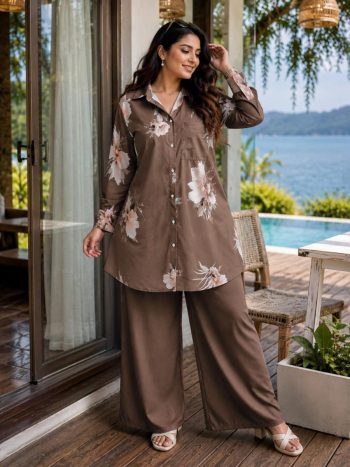 NEW ARRIVAL BUTTER SILK DIGITAL PRINT WORK CO-ORD SET BROWN
