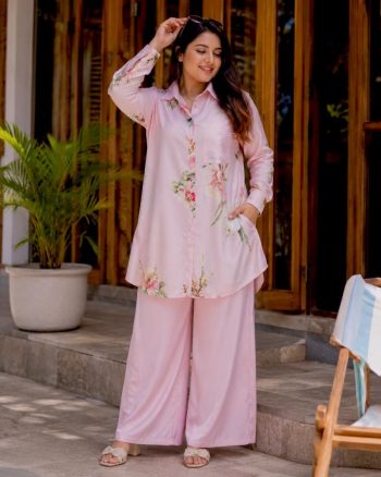 NEW ARRIVAL BUTTER SILK DIGITAL PRINT WORK CO-ORD SET BABY PINK