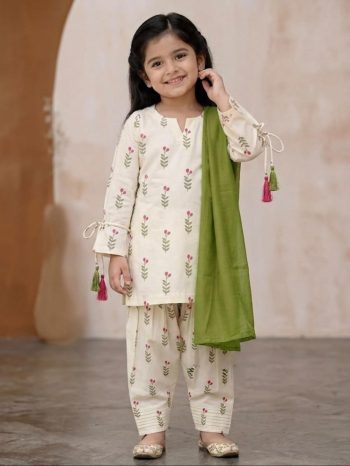 NEW ARRIVAL CAMBRIC COTTON DIGITAL PRINT WORK KID'S TOP PATIYALA WITH DUPATTA OFF WHITE AND GREEN