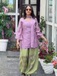 NEW ARRIVAL CHANDERI COTTON PLAIN TOP BALLOON PANT WITH DUPATTA LAVENDER AND PISTA