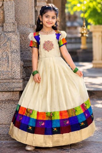 NEW ARRIVAL COSMOS SILK PRINTED PATTERN WORK  WITH DESIGNER LACE WORK KID'S GOWN   OFF WHITE