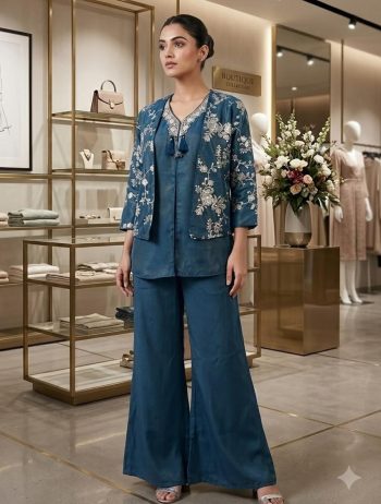 NEW ARRIVAL COSS MOOSS SEQUENCE EMBROIDERY WORK TOP PALAZZO WITH SHRUG TEAL