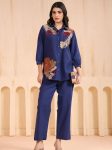 NEW ARRIVAL COTTON BLEND SLUB FLORAL EMBROIDERY WORK CO-ORD SET BLUE