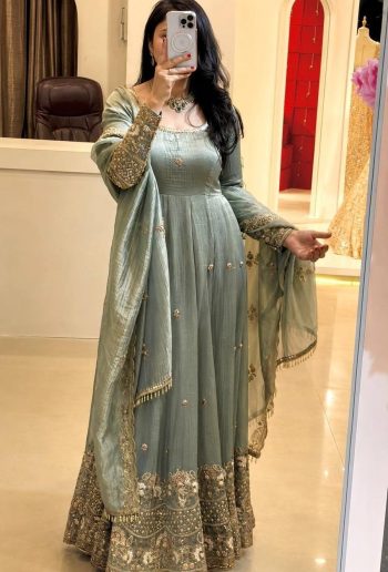 NEW ARRIVAL CRUNCHY SILK EMBROIDERY SEQUENCE WORK GOWN BOTTOM WITH DUPATTA SKY