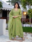 NEW ARRIVAL CRUNCHY SILK EMBROIDERY WORK TOP BOTTOM WITH DUPATTA GREEN