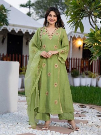 NEW ARRIVAL CRUNCHY SILK EMBROIDERY WORK TOP BOTTOM WITH DUPATTA GREEN