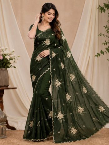 NEW ARRIVAL FENDY SATIN EMBROIDERY WITH SEQUENCE AND CUT BORDER SAREE WITH UNSTITCHED BLOUSE GREEN