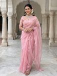 NEW ARRIVAL FENDY SATIN SILK PLAIN SAREE WITH  DOUBLE SEQUENCE AND EMBROIDERY JARI WORK UNSTITCHED BLOUSE BABY PINK