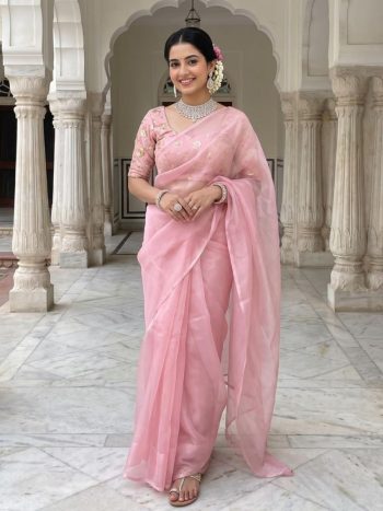 NEW ARRIVAL FENDY SATIN SILK PLAIN SAREE WITH  DOUBLE SEQUENCE AND EMBROIDERY JARI WORK UNSTITCHED BLOUSE BABY PINK