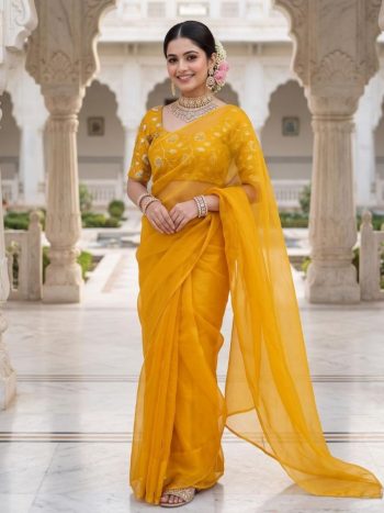 NEW ARRIVAL FENDY SATIN SILK PLAIN SAREE WITH  DOUBLE SEQUENCE AND EMBROIDERY JARI WORK UNSTITCHED BLOUSE YELLOW