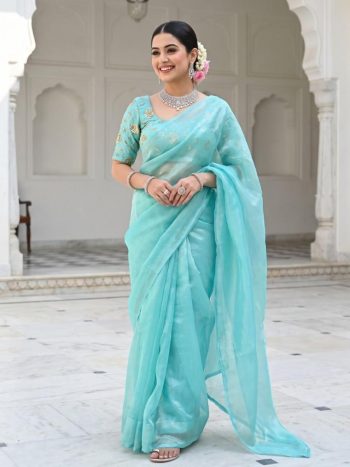 NEW ARRIVAL FENDY SATIN SILK PLAIN SAREE WITH  DOUBLE SEQUENCE AND EMBROIDERY JARI WORK UNSTITCHED BLOUSE SKY