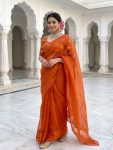 NEW ARRIVAL FENDY SATIN SILK PLAIN SAREE WITH  DOUBLE SEQUENCE AND EMBROIDERY JARI WORK UNSTITCHED BLOUSE ORANGE