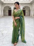 NEW ARRIVAL FENDY SATIN SILK PLAIN SAREE WITH  DOUBLE SEQUENCE AND EMBROIDERY JARI WORK UNSTITCHED BLOUSE GREEN