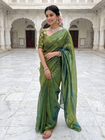 NEW ARRIVAL FENDY SATIN SILK PLAIN SAREE WITH  DOUBLE SEQUENCE AND EMBROIDERY JARI WORK UNSTITCHED BLOUSE GREEN