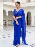 NEW ARRIVAL FENDY SATIN SILK PLAIN SAREE WITH  DOUBLE SEQUENCE AND EMBROIDERY JARI WORK UNSTITCHED BLOUSE BLUE