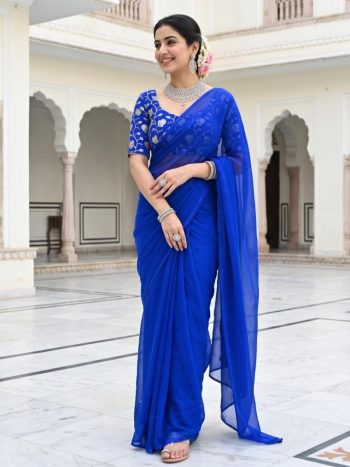 NEW ARRIVAL FENDY SATIN SILK PLAIN SAREE WITH  DOUBLE SEQUENCE AND EMBROIDERY JARI WORK UNSTITCHED BLOUSE BLUE