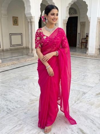 NEW ARRIVAL FENDY SATIN SILK PLAIN SAREE WITH  DOUBLE SEQUENCE AND EMBROIDERY JARI WORK UNSTITCHED BLOUSE PINK