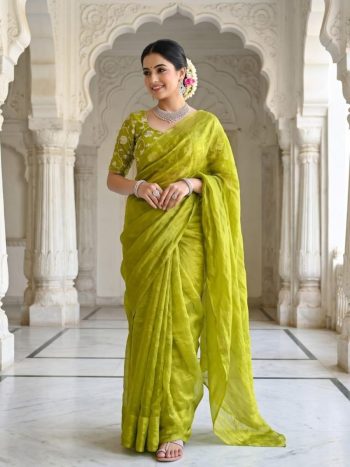 NEW ARRIVAL FENDY SATIN SILK PLAIN SAREE WITH  DOUBLE SEQUENCE AND EMBROIDERY JARI WORK UNSTITCHED BLOUSE PARROT GREEN