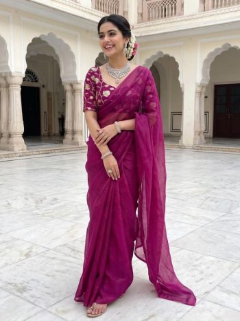 NEW ARRIVAL FENDY SATIN SILK PLAIN SAREE WITH  DOUBLE SEQUENCE AND EMBROIDERY JARI WORK UNSTITCHED BLOUSE WINE