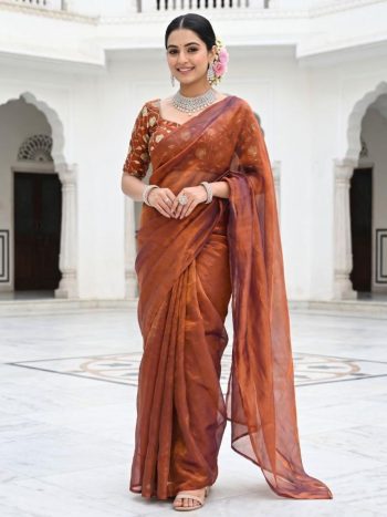 NEW ARRIVAL FENDY SATIN SILK PLAIN SAREE WITH  DOUBLE SEQUENCE AND EMBROIDERY JARI WORK UNSTITCHED BLOUSE DUSTY ROSE