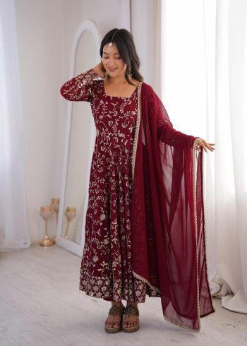NEW ARRIVAL GEORGETTE EMBROIDERY SEQUENCE WORK  GOWN BOTTOM WITH DUPATTA MAROON