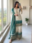 NEW ARRIVAL GEORGETTE EMBROIDERY WITH JHARKAN DIAMOND WORK TOP PALAZZO WITH DUPATTA WHITE AND RAMA