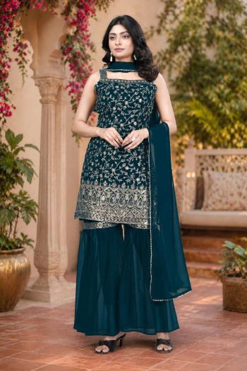 NEW ARRIVAL GEORGETTE EMBROIDERY WORK TOP SHARARA WITH DUPATTA TEAL