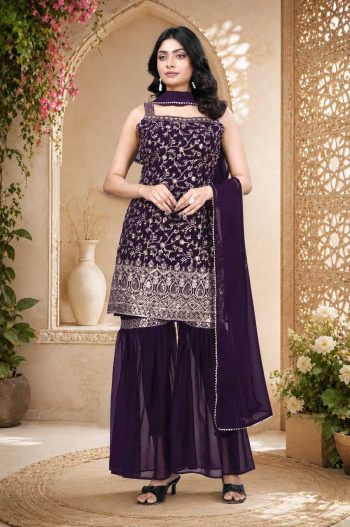 NEW ARRIVAL GEORGETTE EMBROIDERY WORK TOP SHARARA WITH DUPATTA PURPLE