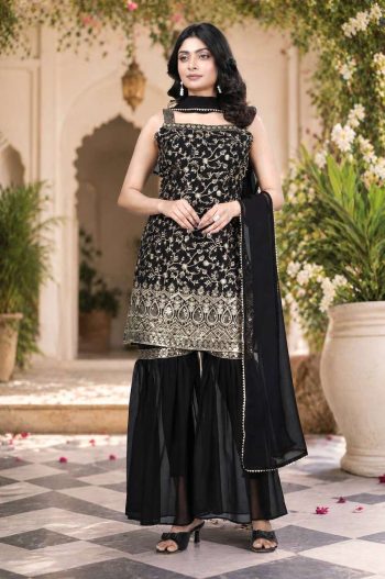 NEW ARRIVAL GEORGETTE EMBROIDERY WORK TOP SHARARA WITH DUPATTA BLACK