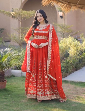 NEW ARRIVAL GEORGETTE ZARI & SEQUENCE EMBROIDERED WORK GOWN WITH DUPATTA ORANGE
