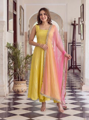 NEW ARRIVAL GLASS ROMAN LACE BORDER WORK ANARKALI BOTTOM WITH DUPATTA LIGHT YELLOW