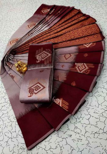 NEW ARRIVAL KUBERA PATTU SILK WEAVING ZARI WORK SAREE WITH UNSTITCHED BLOUSE GREY AND MAROON