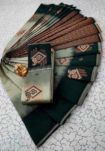 NEW ARRIVAL KUBERA PATTU SILK WEAVING ZARI WORK SAREE WITH UNSTITCHED BLOUSE DARK GREEN AND GREY