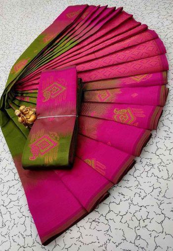 NEW ARRIVAL KUBERA PATTU SILK WEAVING ZARI WORK SAREE WITH UNSTITCHED BLOUSE MEHNDI AND PINK