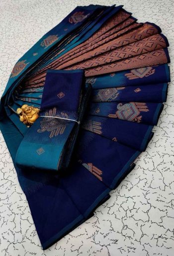 NEW ARRIVAL KUBERA PATTU SILK WEAVING ZARI WORK SAREE WITH UNSTITCHED BLOUSE NAVY BLUE AND SKY