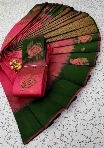 NEW ARRIVAL KUBERA PATTU SILK WEAVING ZARI WORK SAREE WITH UNSTITCHED BLOUSE GREEN AND PEACH