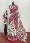 NEW ARRIVAL LINEN COTTON AJRAKH  PRINTED  WITH AARI MIRROR WORK SAREE WITH UNSTITCHED BLOUSE OFF WHITE AND RED